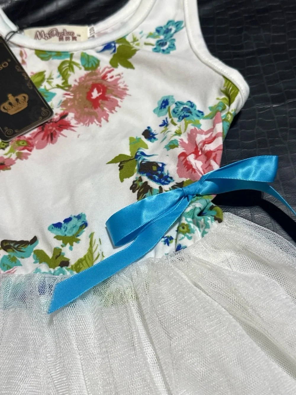 Floral White Tulle Party Dress with Blue Bow